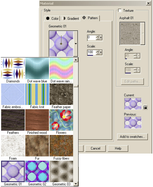 Рис. 7.
Выбор узорной заливки в палитре Material