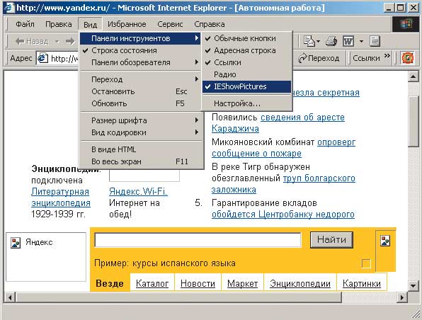 Рис. 1. Включение панели IEShowPictures