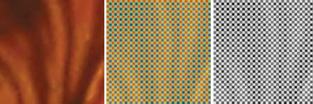 Рис. 2. Проецируемое объективом цифровой камеры исходное изображение (слева) проходит через мозаичную систему светофильтров (результат в центре) и в виде монохромного образа (справа) фиксируется светочувствительным сенсором