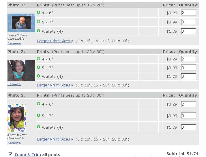 Рис. 5. Оформление заказа на печать снимков на Ofoto