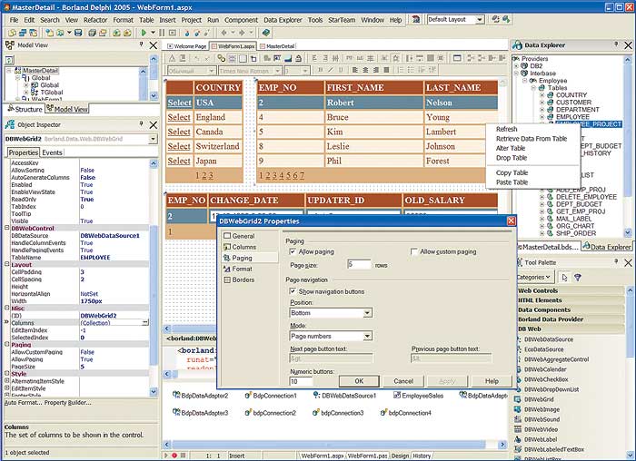 Рис. 5. Delphi 2005 поддерживает визуальную разработку ASP .NET и включает Web-компоненты для работы с базами данных Borland DB Web