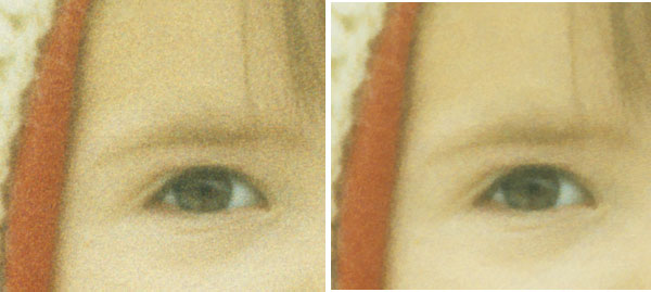 На увеличенном фрагменте слайда, отсканированного без дополнительной обработки с разрешением 4000 ppi (слева), хорошо видна зернистость пленки. Применение технологии Digital GEM позволило значительно улучшить изображение без потери его детальности (сканер Nikon Super CoolScan 5000 ED)