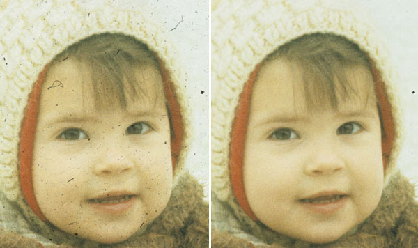 Фрагмент слайда, отсканированного без дополнительной обработки (слева) и с применением технологии Digital ICE (сканер Nikon Super CoolScan 5000 ED)