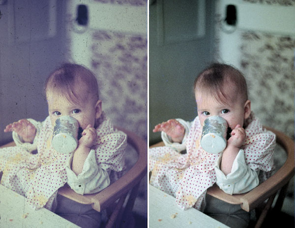 Выцветший слайд, отсканированный без дополнительной обработки (слева) и с применением технологий Digital ICE и Digital ROC (сканер Nikon Super CoolScan 5000 ED)