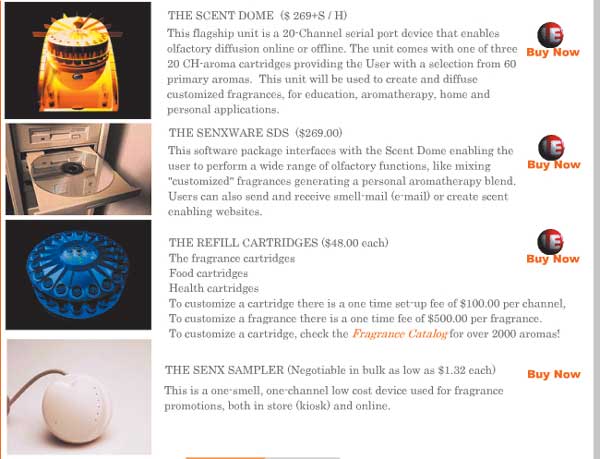 Фрагмент Web-страницы компании Trisenx, на которой можно сделать заказ на Scent Dome и сопутствующие товары