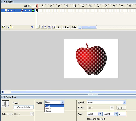 В меню Tween следует выбрать пункт Shape