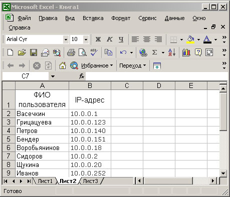 Результат сортировки по столбцу A