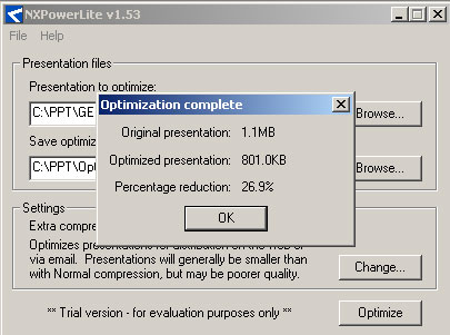 Сообщение о достигнутом сжатии и окончании оптимизации