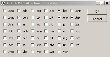 Блокировка файлов в окне Outlook 2002 Attachment Security