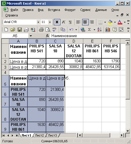 Результат вставки таблицы после транспонирования в Excel