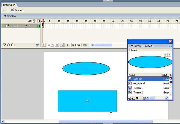 В библиотеке содержатся два мувиклипа и два графических символа