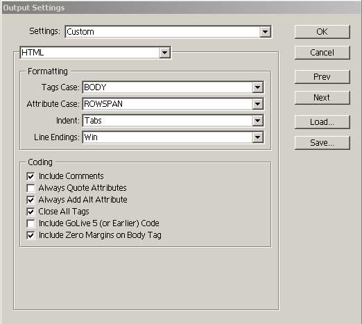 Раздел HTML окна Output Settings