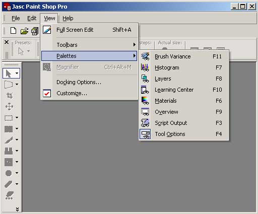 Открытие палитр