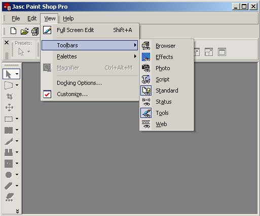 Открытие панелей инструментов