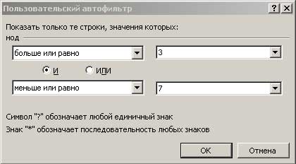 Формирование условий автофильтра