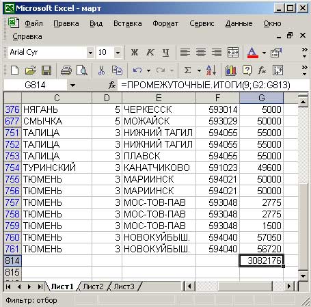 Результат вычисления суммы значений в строках с определенным значением кода
