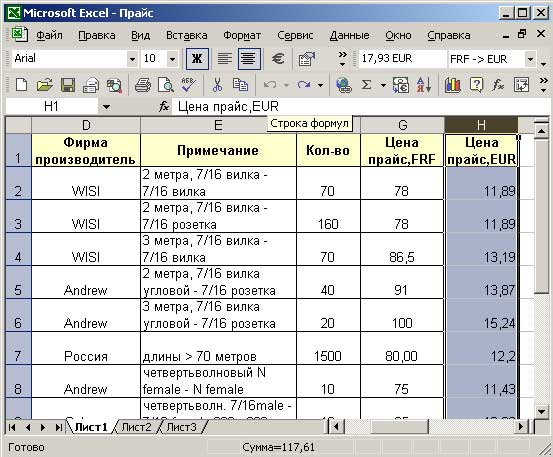 Результат перевода цен из франков в евро