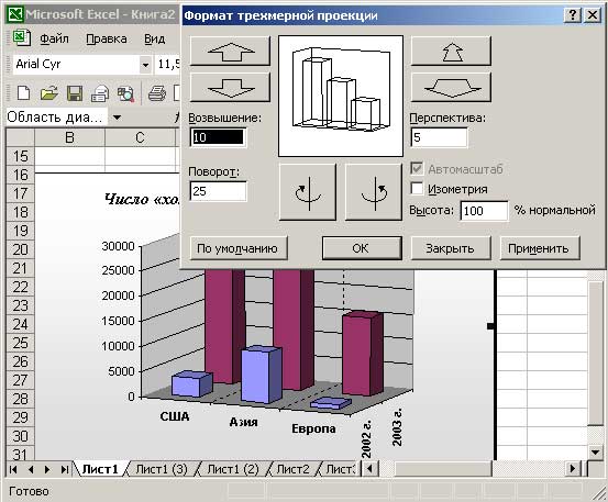 Изменение параметров объемной диаграммы