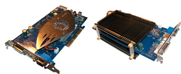 Рис. 8. Внешний вид видеокарты со штатной системой охлаждения (слева) и с системой охлаждения ZALMAN ZM80C-HP
