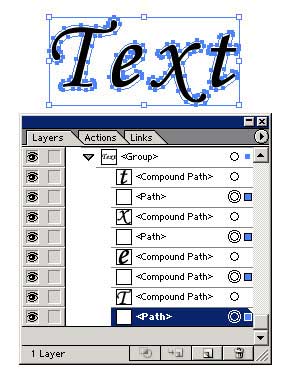 Рис. 82. Выделение слоев с обводкой текста (внешний вид выделенного текста и состояние палитры Layer)