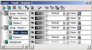 Рис. 63. Внешний вид палитры Layer после отражения масок для слоев Raster 1 и Raster 2