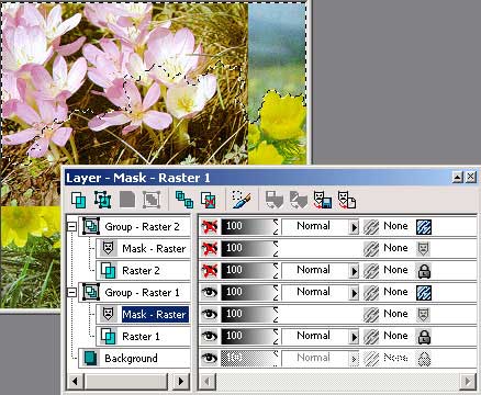 Рис. 65. Внешний вид изображения и состояние палитры Layer после включения видимости слоя Raster 1