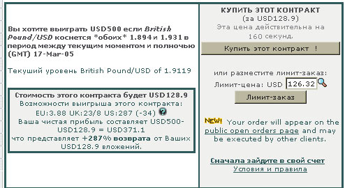 Окно результатов расчета стоимости такого контракта. Его цена составит 128,9 долл.