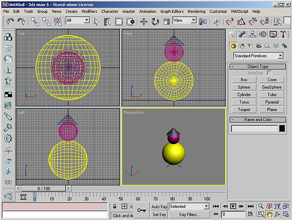 Рис. 26. Вид сцены после корректировки положения конуса в трех проекциях