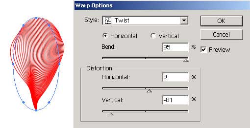 Рис. 63. Результат наложения деформирующего эффекта Twist параметры настройки эффекта и внешний вид изображения