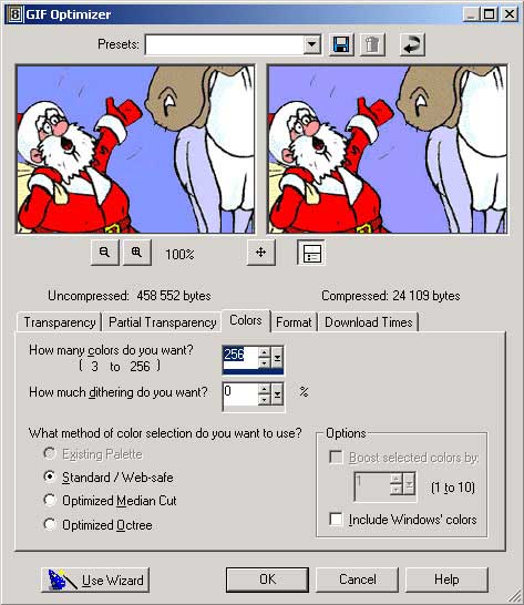 Рис. 5. Параметры настройки GIF-оптимизации (вкладка Colors Цвета)