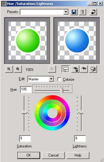 Рис. 50. Пример настройки параметров Hue/Saturation/Lightness