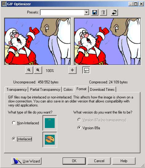 Рис. 6. Параметры настройки GIF-оптимизации (вкладка Format Формат)