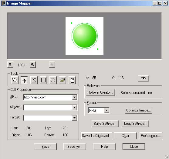 Рис. 79. Состояние окна Image Mapper после выделения области для формирования ролловер-состояния и ввода имени, загружаемого щелчком на кнопке сайта