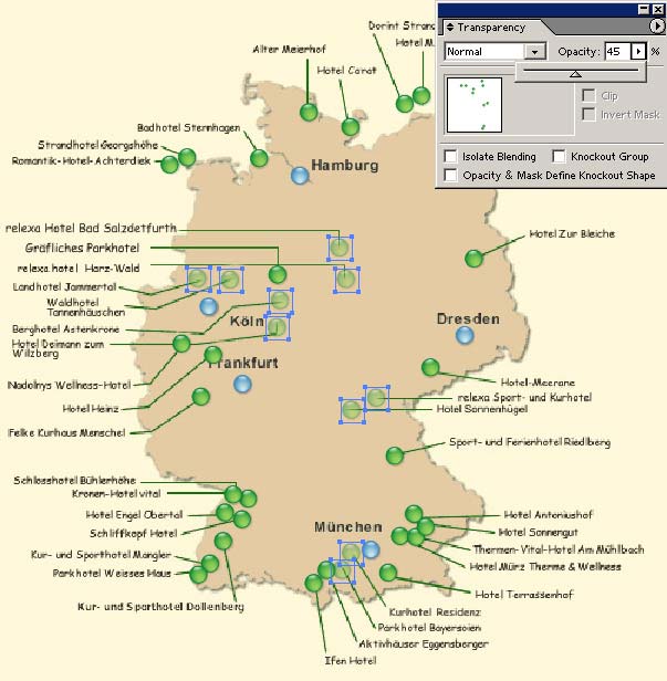 Рис. 28. Результат одновременного изменения прозрачности у нескольких символьных объектов (изображение и палитра Transparency)