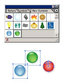 Рис. 39. Видоизмененная палитра Symbols с внедренными символами-кнопками и отредактированным символом в виде векторного объекта (это видно по маркерам выделения)
