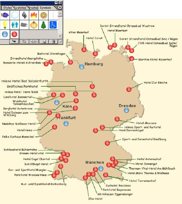 Рис. 42. Картографическое изображение после переопределения символа, использованного ранее для обозначения курортов, в соответствии с палитрой Symbols