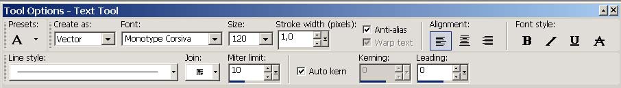 Рис. 1. Окно панели Tools Options с примером настройки параметров шрифта