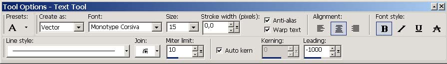 Рис. 119. Настройки палитры Tool Options для текстового объекта