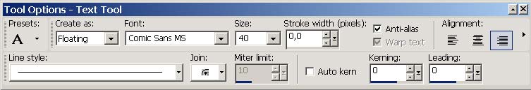 Рис. 78. Настройки палитры Tool Options для создания текстового объекта в виде плавающей выделенной области