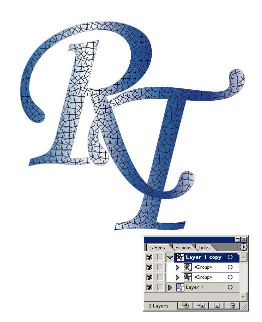 Рис. 10. Текстурный текст после наложения фильтра Hatch Effects вместе с палитрой Layers