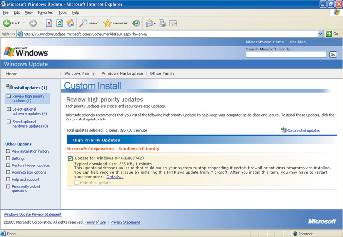 Рис. 2. Загрузка обновлений через Windows Update