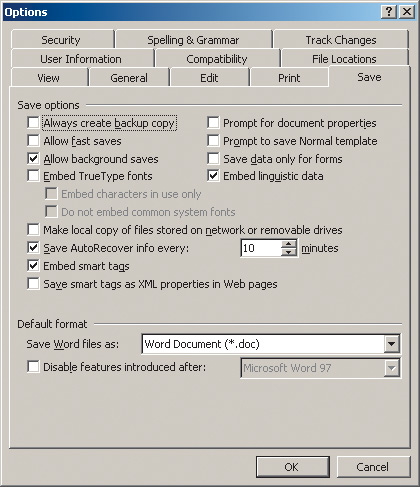 Рис. 11. Панель Options вкладка Save