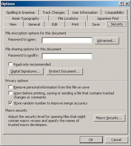 Рис. 2. Word 2003: вкладка Security