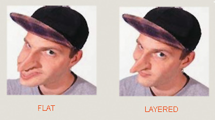 Рис. 5. Слева изображение, деформированное путем обычного плоского морфинга (flat-morphing), а справа послойного (layered)