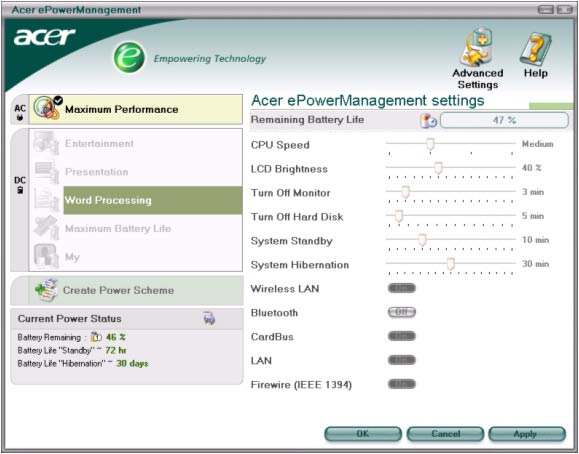 Рис. 1. Acer ePowerManagement