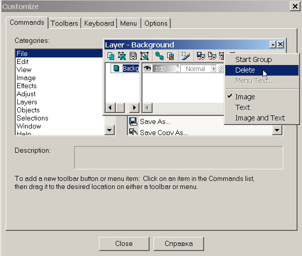 Рис. 17. Удаление инструмента из палитры Layer