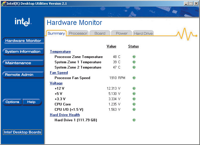 Рис. 3. Аппаратный мониторинг состояния системы средствами Intel Desktop Utilities