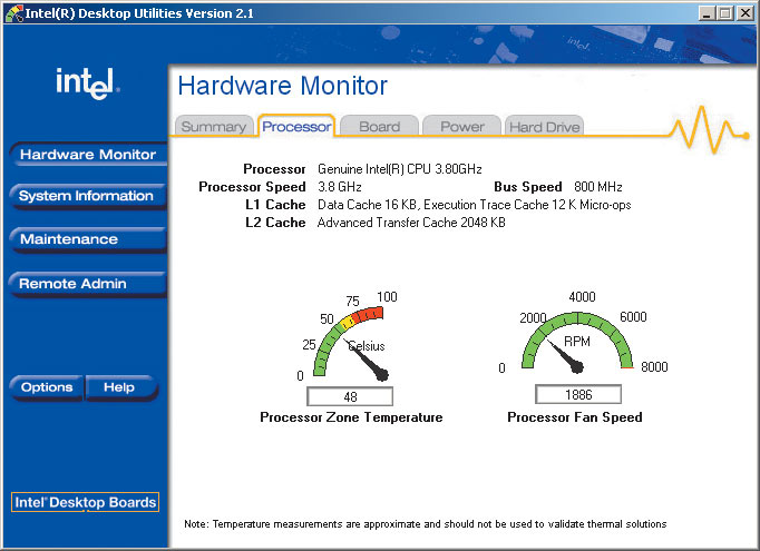 Рис. 4. Аппаратный мониторинг процессорной системы средствами Intel Desktop Utilities