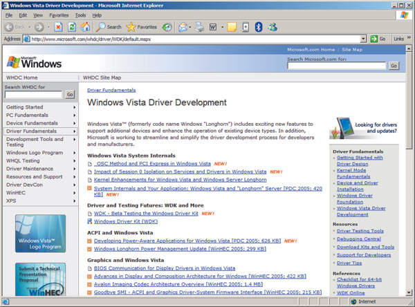 Раздел Windows Vista Driver Development