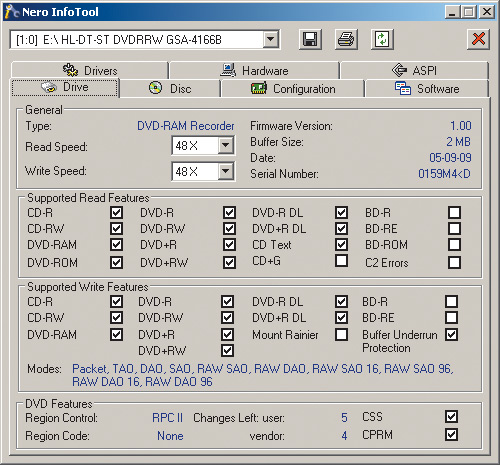 Рис. 1. Возможности привода GSA-4166B, согласно Nero InfoTool